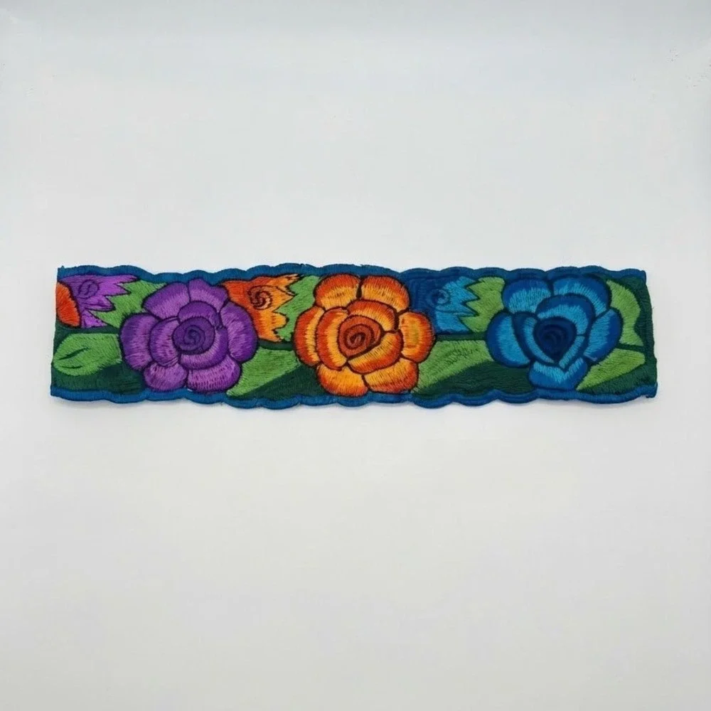 Handmade Floral Embroidered Belt Multi Color Rose Folk Art Sash Tie Waist Boho
